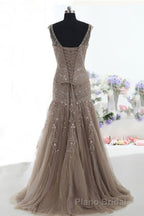 Mermaid Lace Up Brown Tulle Modest Beading V Neck Formal Prom Dresses