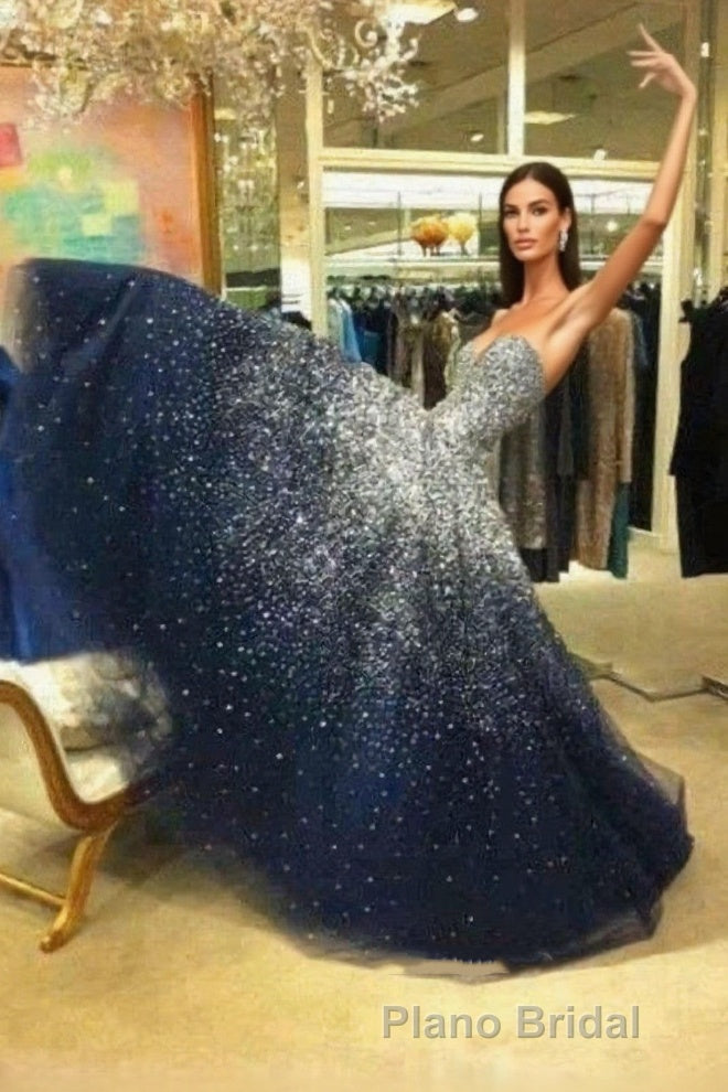 A Line Navy Blue Beading Tulle Formal Prom Dresses Main image