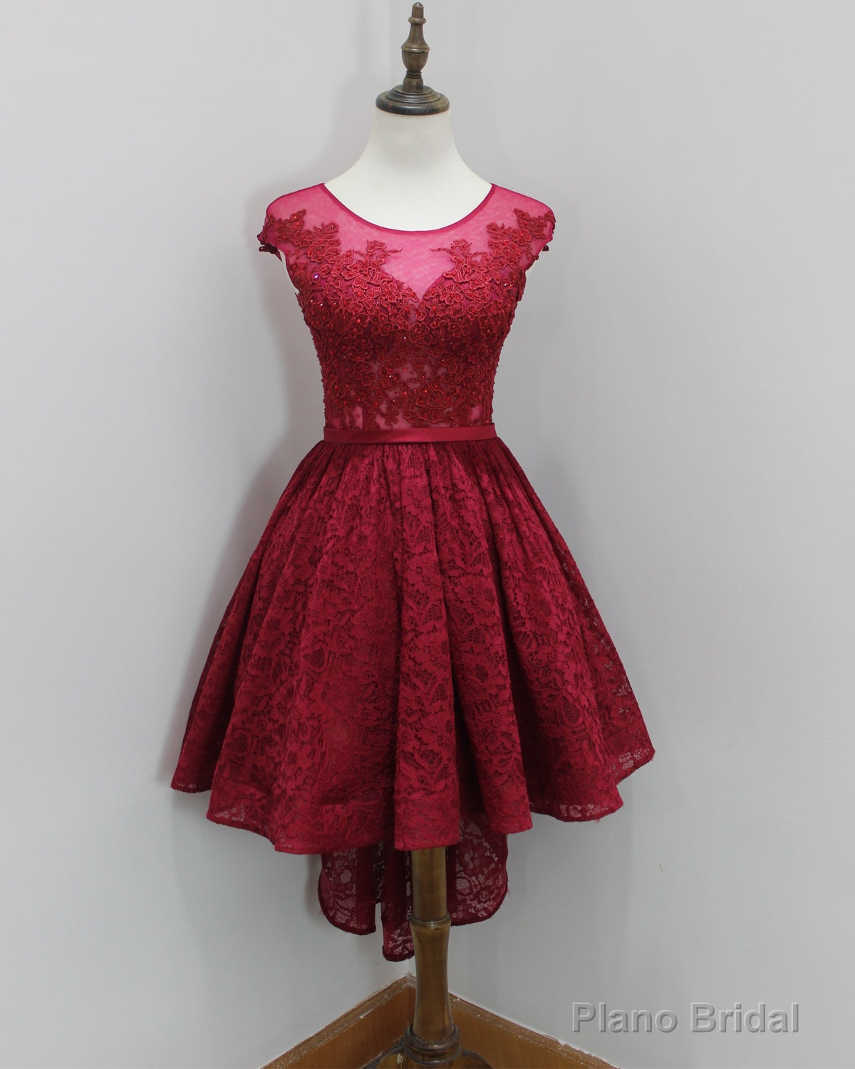 Burgundy High Low With Illusion Neckline Elegant Lace Strapless Rhinestones Prom Dresses Main image