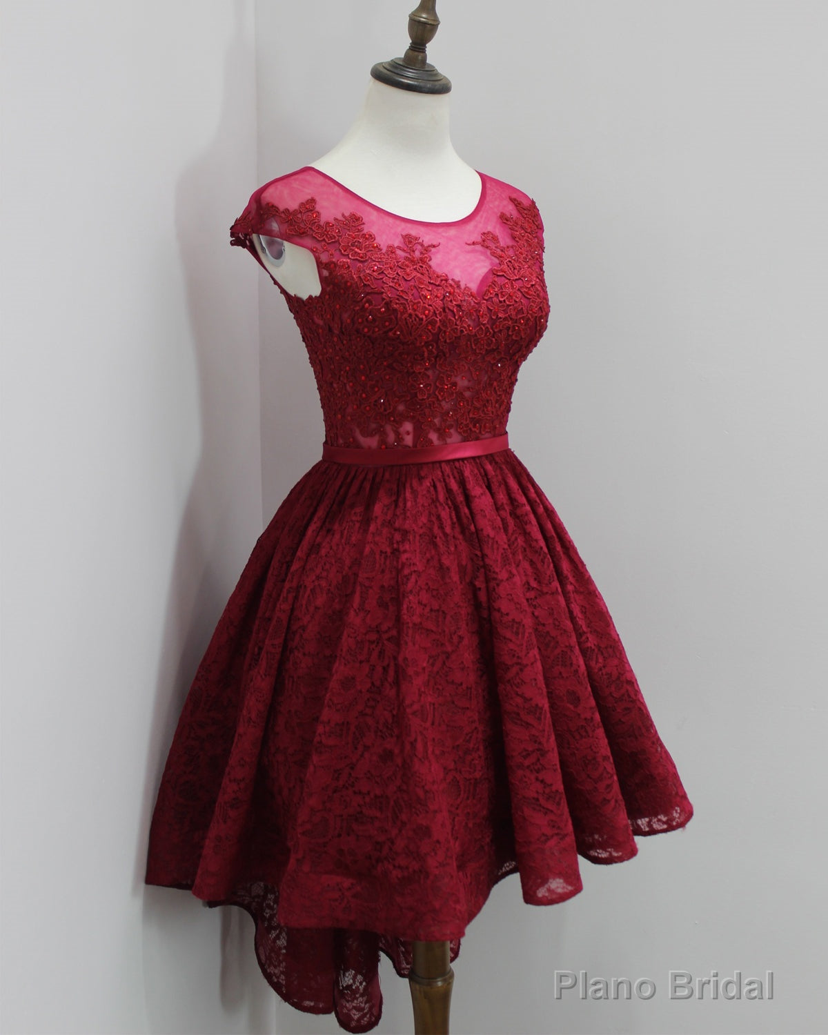 Burgundy High Low With Illusion Neckline Elegant Lace Strapless Rhinestones Prom Dresses Secondary image