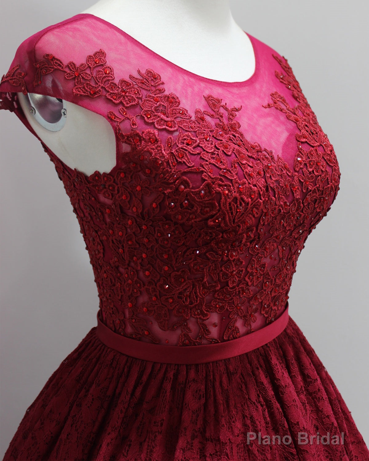Burgundy High Low With Illusion Neckline Elegant Lace Strapless Rhinestones Prom Dresses