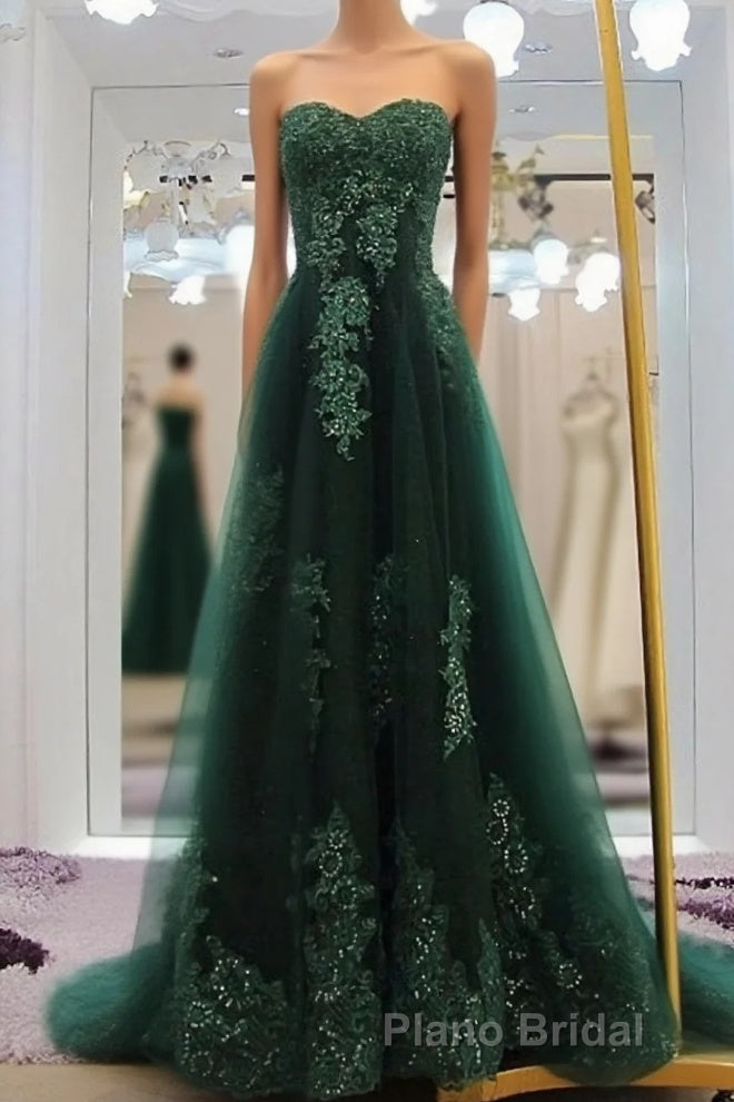 Sweetheart Long Lace Green Sweep Train Lace Up Formal Prom Dresses Main image