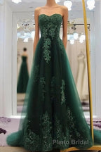 Sweetheart Long Lace Green Sweep Train Lace Up Formal Prom Dresses