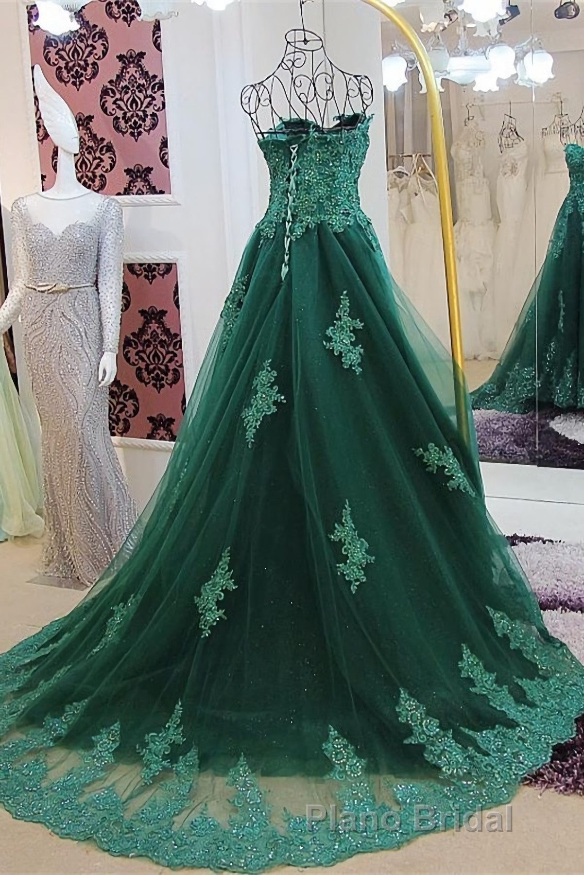 Sweetheart Long Lace Green Sweep Train Lace Up Formal Prom Dresses Secondary image