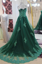 Sweetheart Long Lace Green Sweep Train Lace Up Formal Prom Dresses