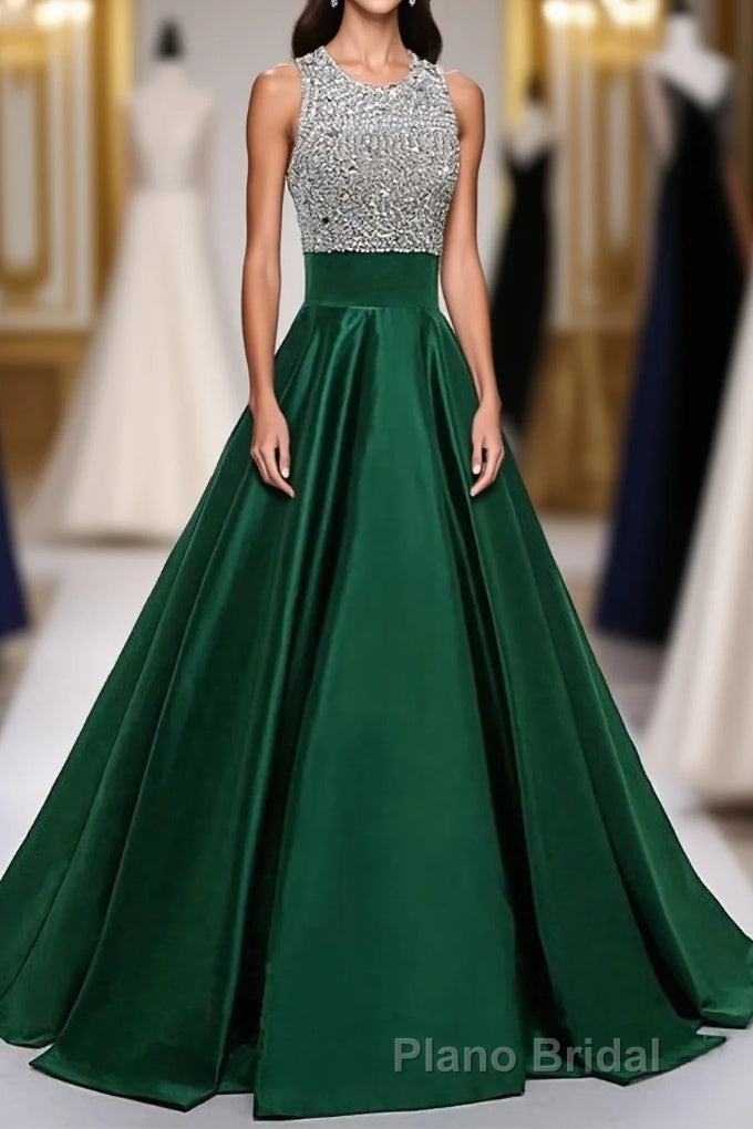 Satin Green Modest Beading Long For Teens Formal Prom Dresses Main image