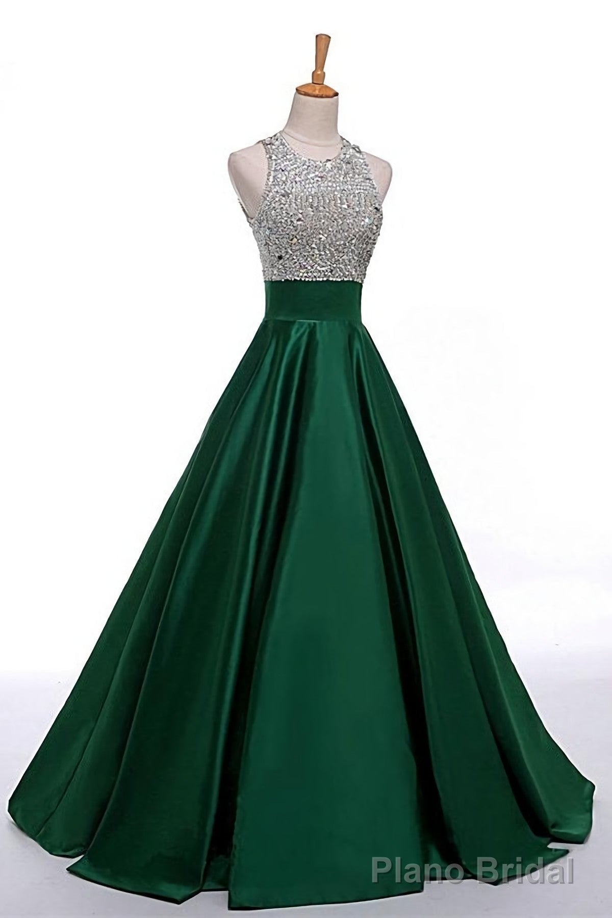 Satin Green Modest Beading Long For Teens Prom Dresses Main image