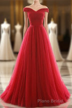 Off The Shoulder Red A Line Pleated Long Red Formal Prom Dresses