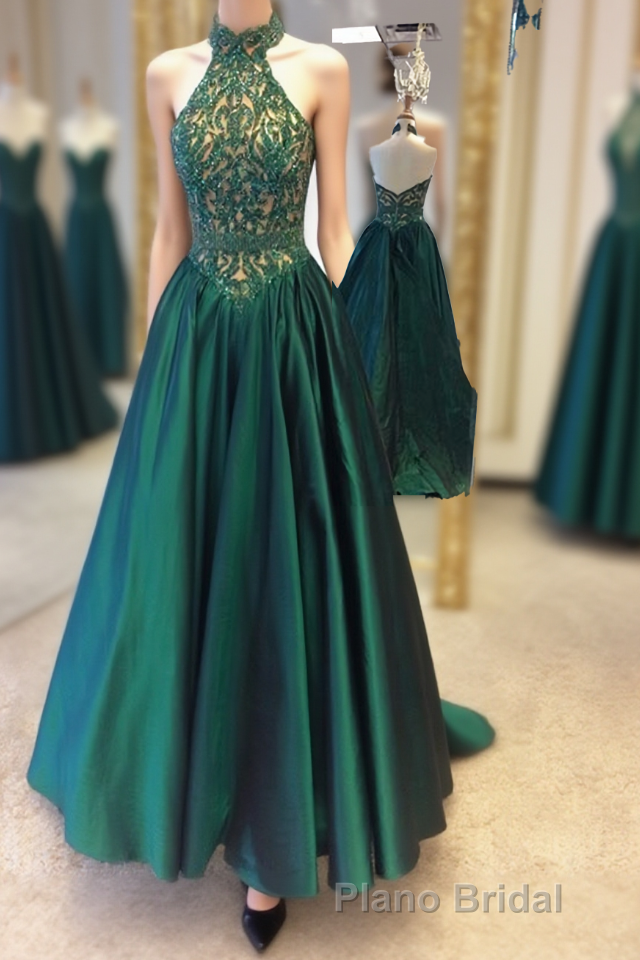 Green Halter Beading Lace A Line For Teens Elegant Backless Fashion 2024 Women Formal Prom Dresses Main image
