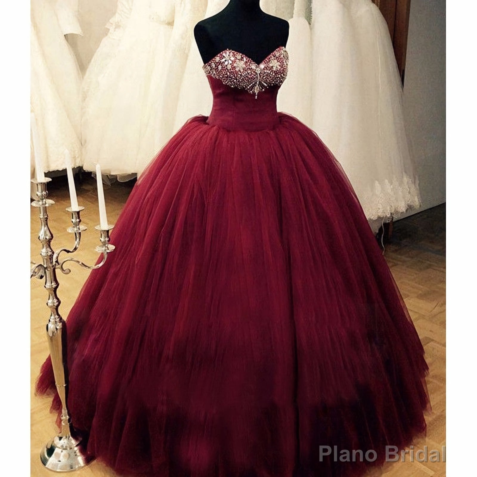 Puffy Burgundy Qinceanera Beaded Top Corest Lace-Up Back Floor Length Princess Vestidos De Debutante Prom Dresses Main image