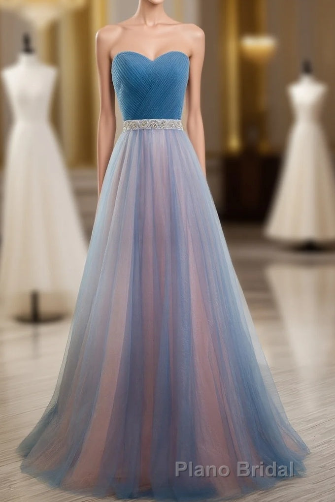 Sweetheart Blue Peach Tulle Strapless Long Pleated Sexy A Line With Beads Sashes Formal Prom Dresses