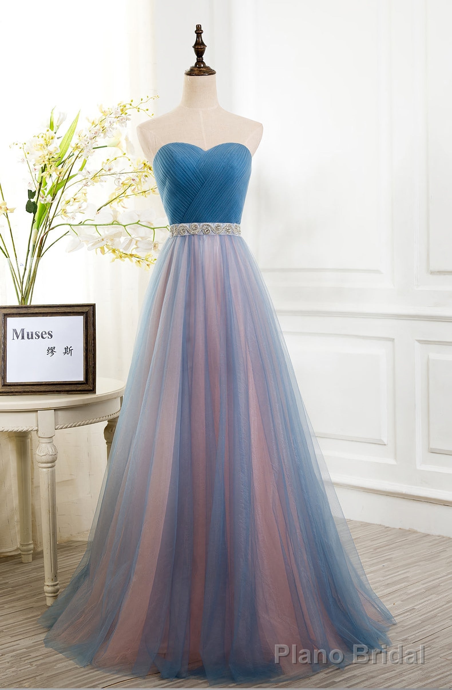 Sweetheart Blue Peach Tulle Strapless Long Pleated Sexy A Line With Beads Sashes Prom Dresses Main image