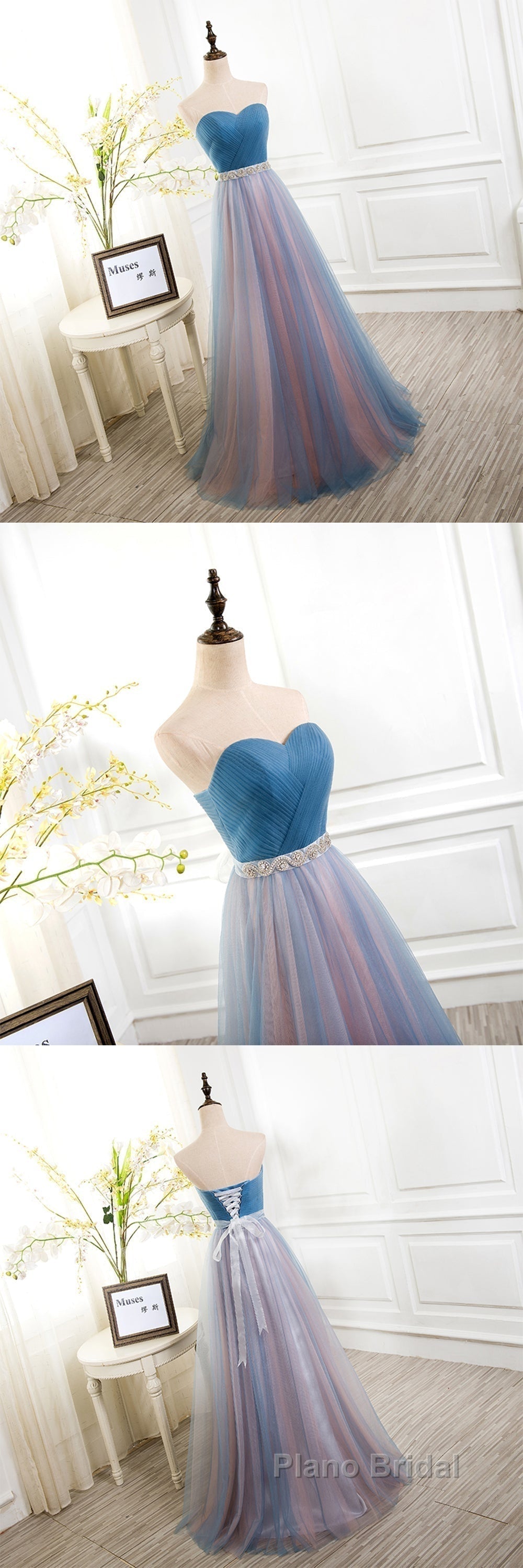 Sweetheart Blue Peach Tulle Strapless Long Pleated Sexy A Line With Beads Sashes Formal Prom Dresses Secondary image