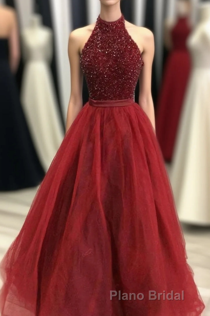 Charming Beading Long Red Halter Formal Prom Dresses