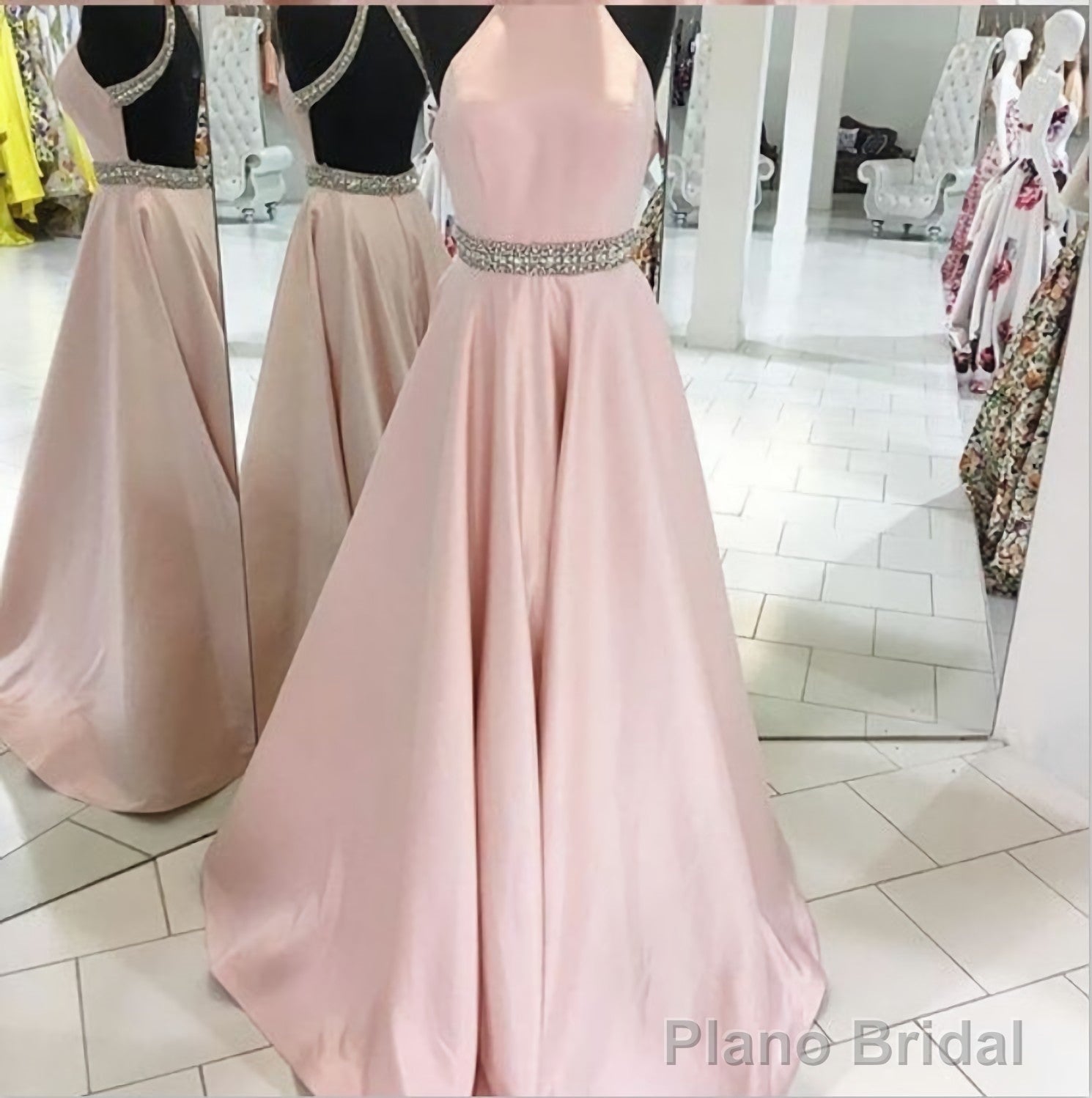 Pink Backless Halter Simple Handmade Plus Size Elegant Prom Dresses Main image