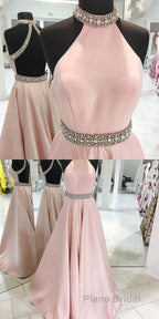 Pink Backless Halter Simple Handmade Plus Size Elegant Formal Prom Dresses
