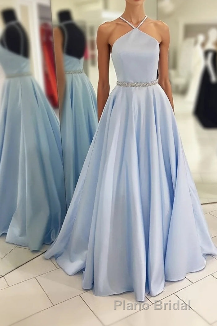 Backless Beading Spaghetti Straps A Line Light Blue Long Formal Prom Dresses Main image