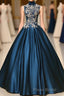 Blue Dreses Satins Lace Applique A Line Long Formal Prom Dresses