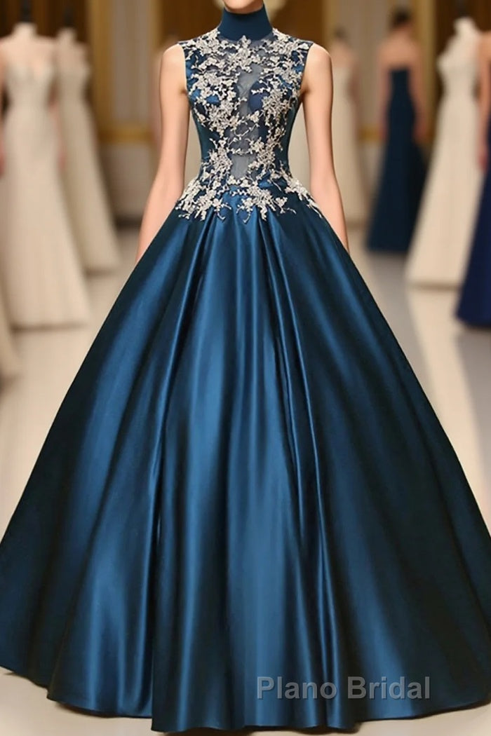 Blue Dreses Satins Lace Applique A Line Long Formal Prom Dresses Main image