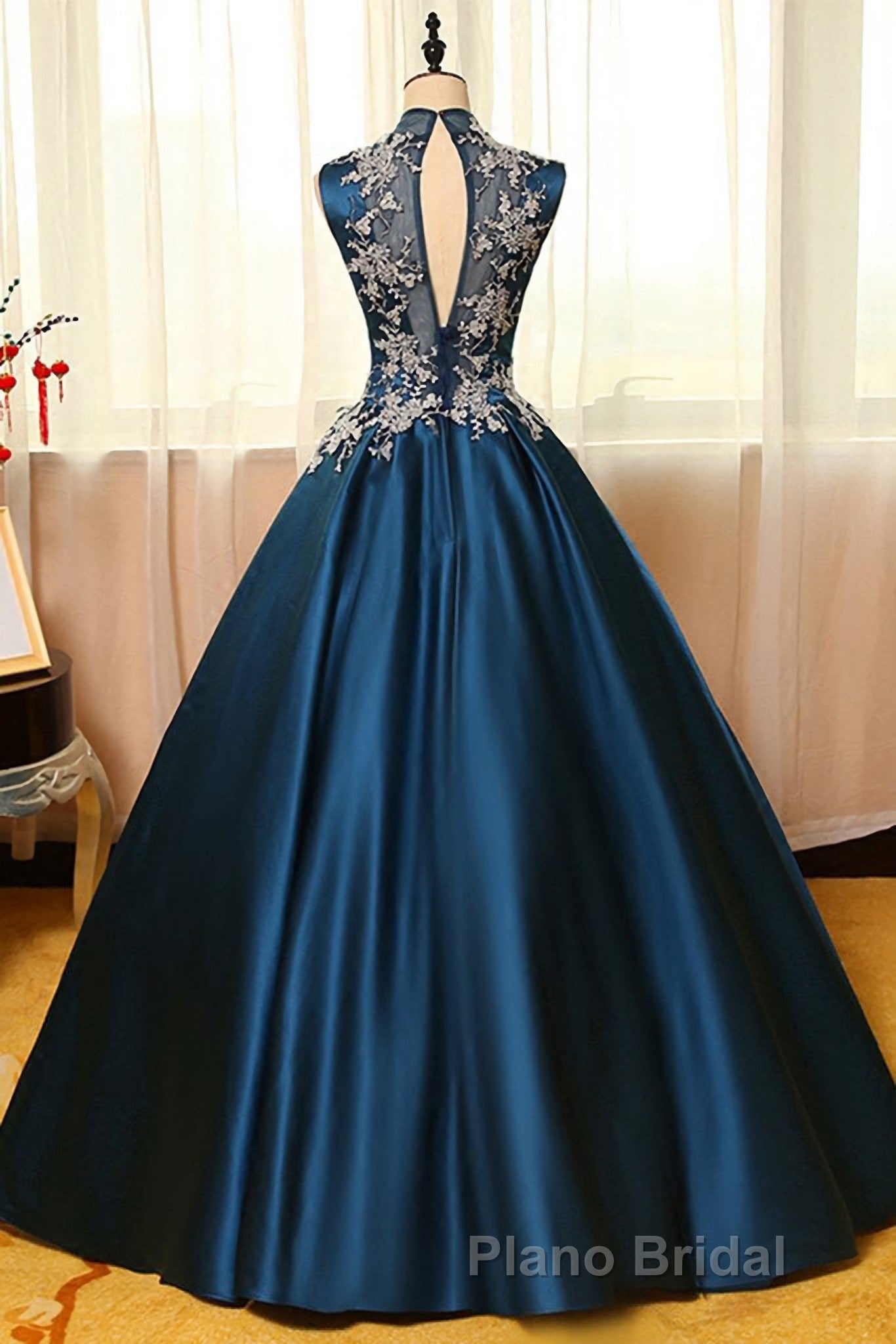 Blue Dreses Satins Lace Applique A Line Long Formal Prom Dresses