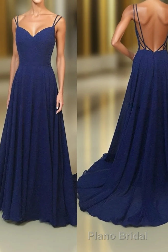 Simple A Line Spaghetti Straps Backless Royal Blue Long Formal Prom Dresses Main image