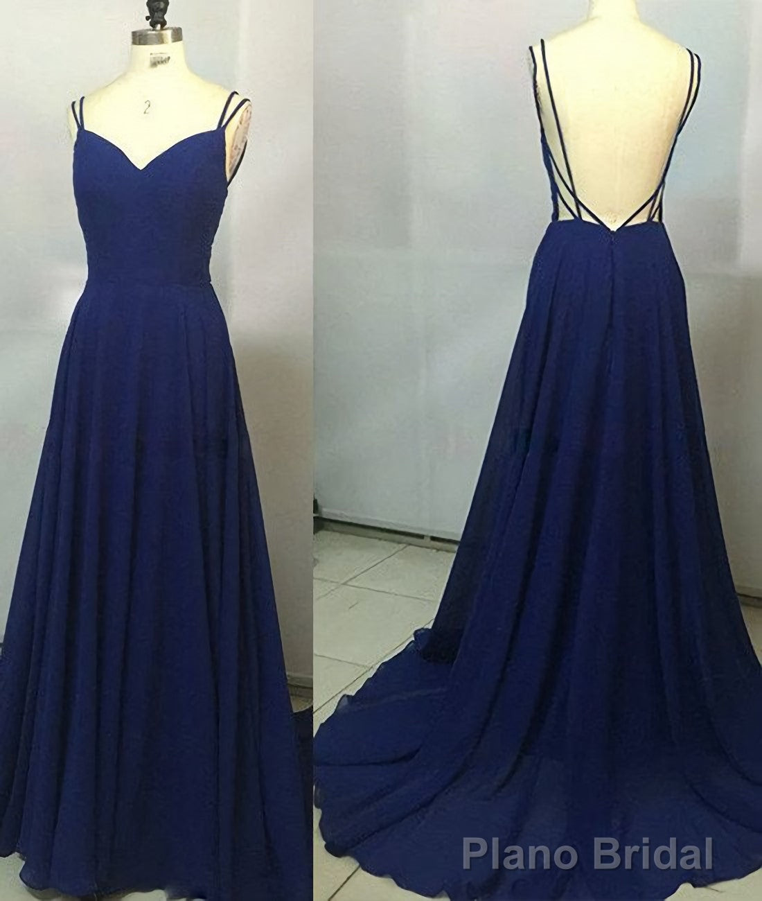 Simple A Line Spaghetti Straps Backless Royal Blue Long Prom Dresses
