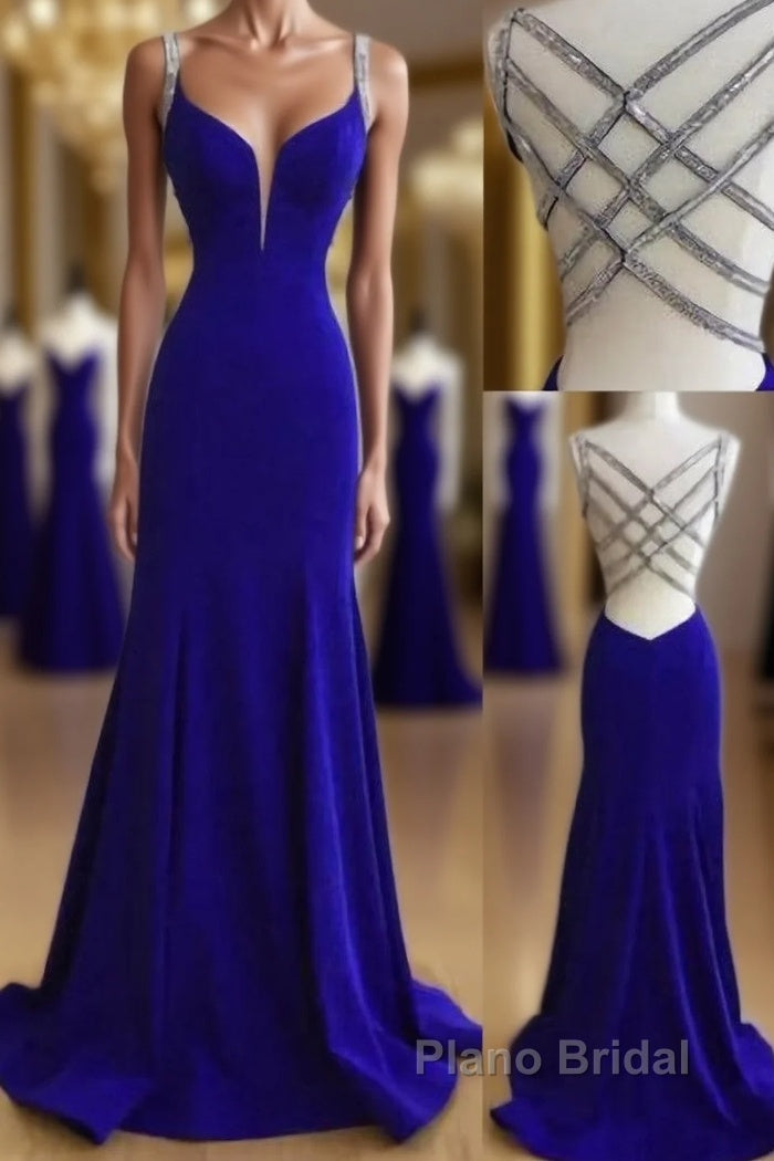 Sexy Mermaid Spaghetti Straps Royal Blue Long With Beading Sexy Formal Prom Dresses