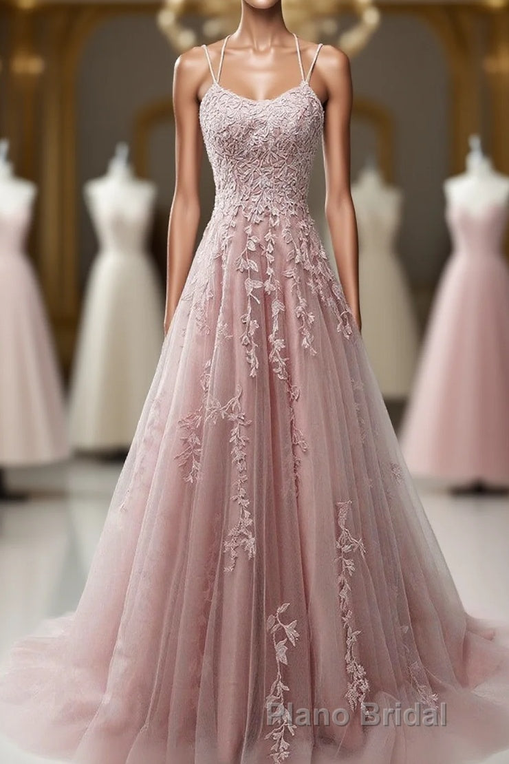Pink Scoop Tulle Straps With Lace Long Formal Prom Dresses, Pink A-Line Prom Dresses Main image