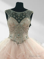 Prom Ball Gown See Through Neck Tulle Light Pink Quinceanera Dresses