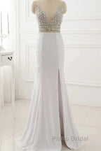 Formal Prom Dresses Evening Party Gowns Long Sexy High Slit Chiffon Crystal
