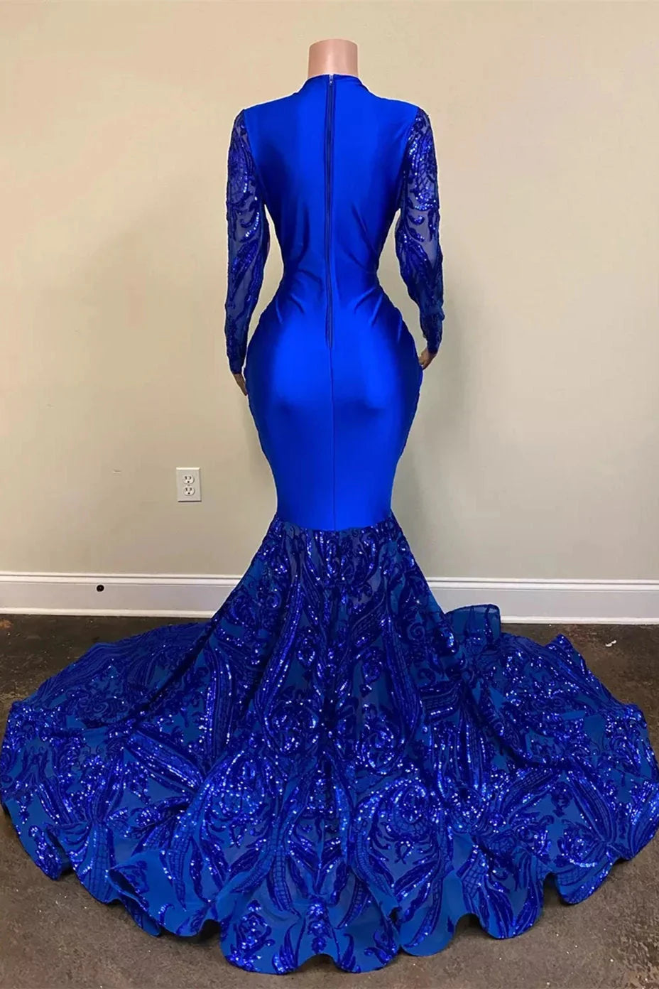 Blue Shiny Sexy V-Neck Long Sleeves Formal Prom Dresses Formal Evening Gown Party Dresses