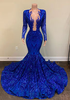 Blue Shiny Sexy V-Neck Long Sleeves Formal Prom Dresses Formal Evening Gown Party Dresses
