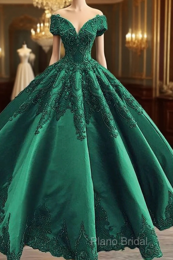 Formal Prom Dresses Elegant Green Satin Ball Gown Wedding Dresses Lace Embroidery Beaded Off The Shoulder For Bridal Party