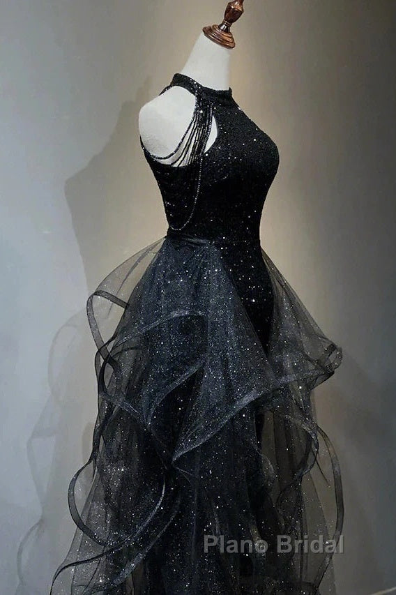 Formal Prom Dresses Sparkle & Shine Dresses Wedding Partysleeveless Halter Wednesday Addams Family Sequined With Crystals Sequin Ruffles