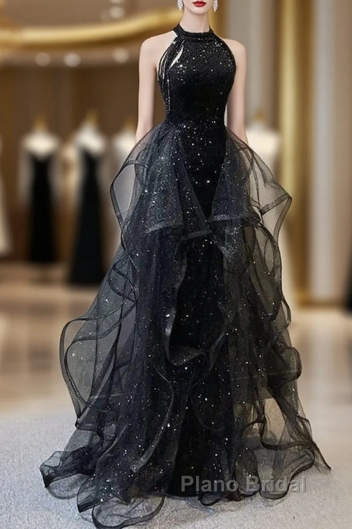 Formal Prom Dresses Sparkle & Shine Dresses Wedding Partysleeveless Halter Wednesday Addams Family Sequined With Crystals Sequin Ruffles Main image