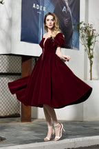 Puff Sleeve Ankle Length Velvet Deep V-Neck Vintage Prom Dresses