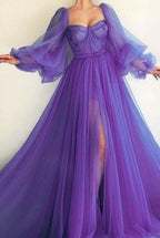 Purple Elegant Tulle Long Formal Prom Dresses Formal Evening Gown Party Dresses