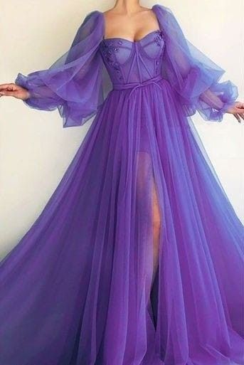 Purple Elegant Tulle Long Formal Prom Dresses Formal Evening Gown Party Dresses