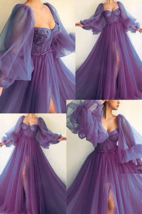 Purple Elegant Tulle Long Formal Prom Dresses Formal Evening Gown Party Dresses