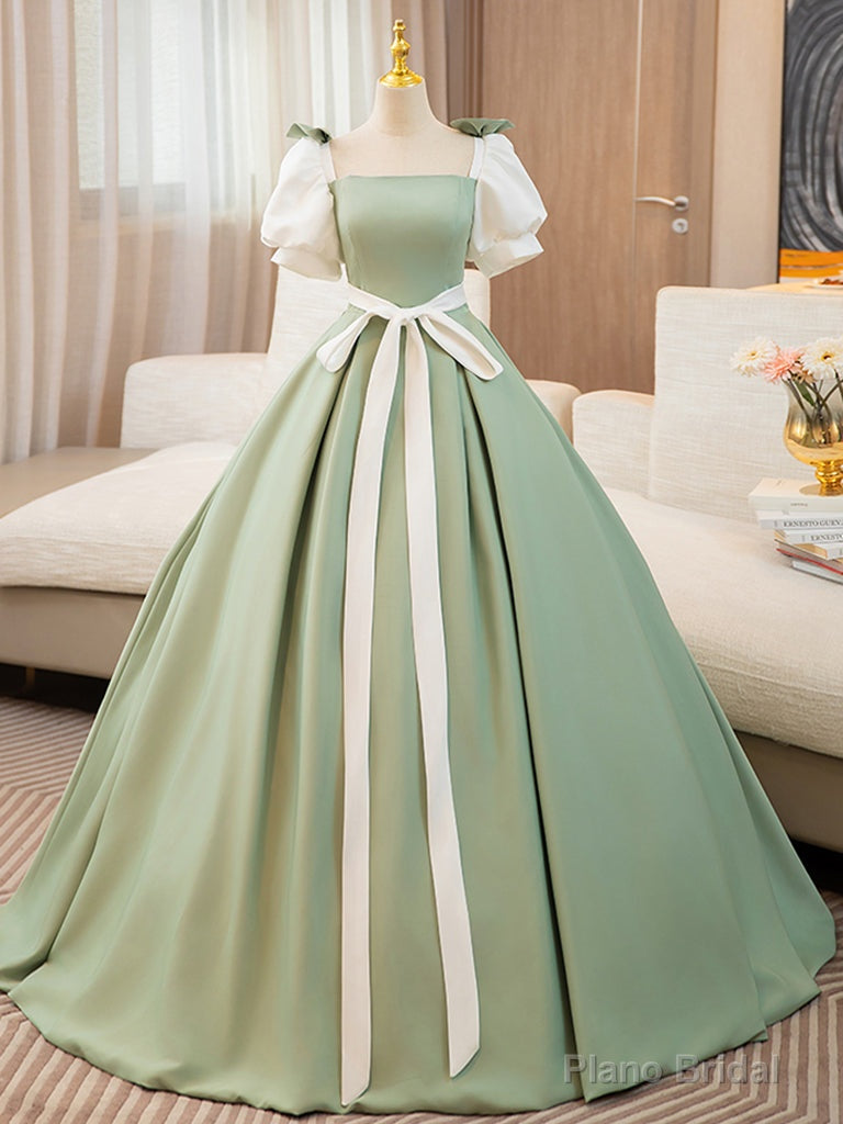 Puff  Sleeves A-line Satin Green/White Long Prom Dress, Green Long Formal Dress Main image