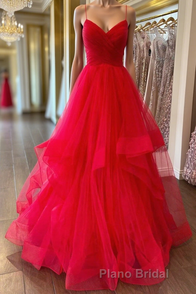 Puffy Red Tulle V Neck Long Formal Prom Dresses, V Neck Red Formal Dresses, Red Evening Dresses Main image