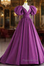 Puffy Sleeve Backless Satin Purple Backless Formal Prom Dresses