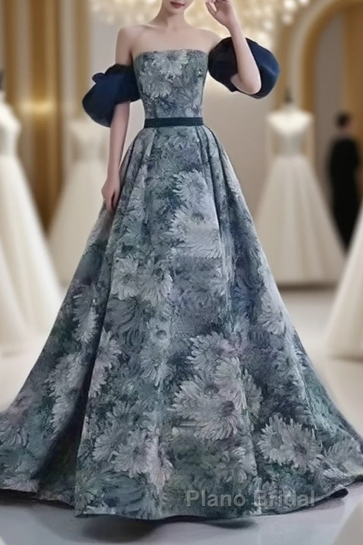 Puffy Sleeves Print Blue Quinceanera Formal Prom Dresses
