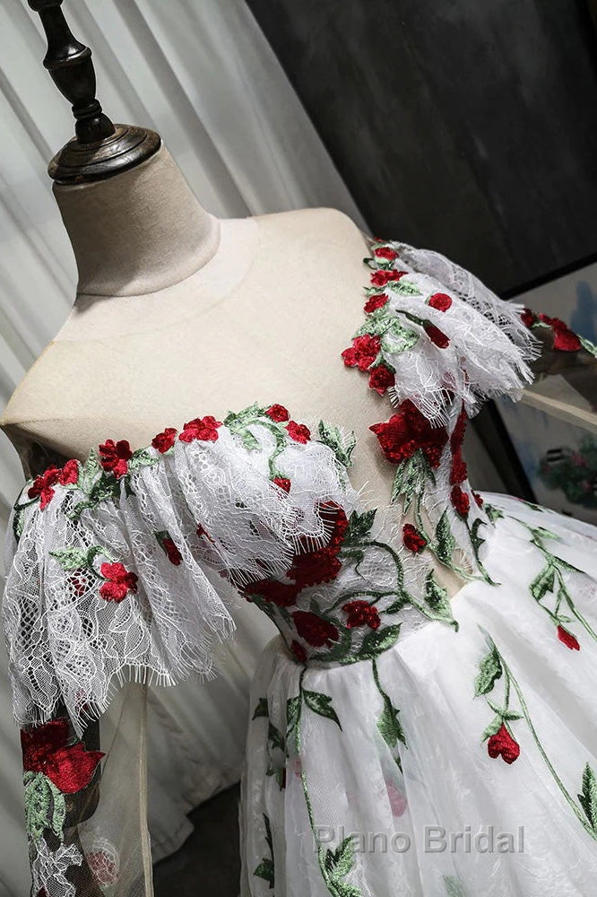 Puffy Long Sleeves Off the Shoulder Lace Tulle Formal Prom Dresses with Appliques Main image