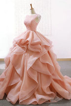 Puffy Tulle Long Formal Prom Dresses with Beading, A Line Sleeveless Party Gown