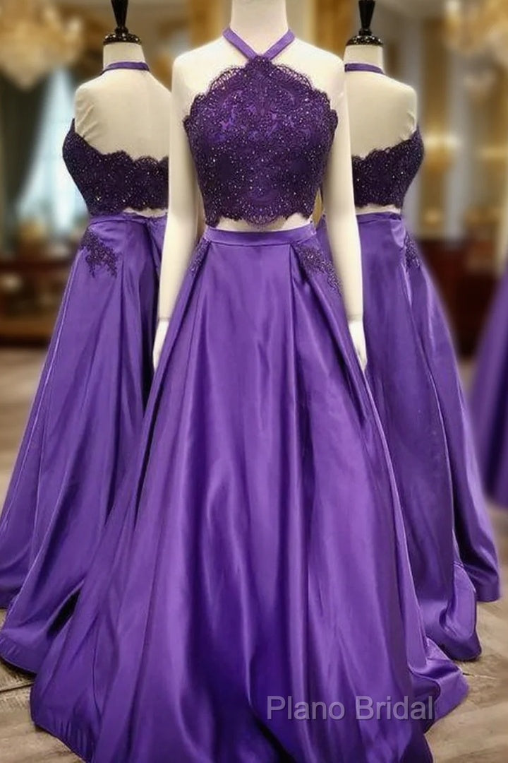 Purple 2 Piece Lace Formal Prom Dresses Halter Long Formal Gowns With Pockets Main image