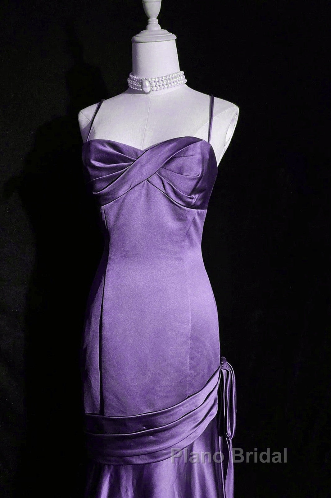 Purple A-Line Mermaid Straps Evening Dresses, Purple Satin Formal Prom Dresses Formal Dresses