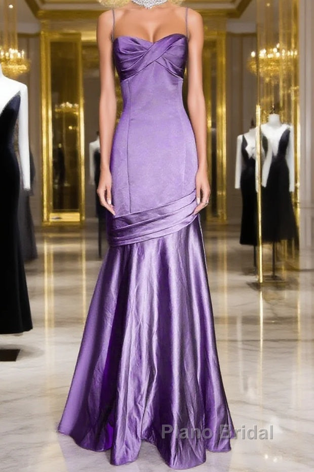 Purple A-Line Mermaid Straps Evening Dresses, Purple Satin Formal Prom Dresses Formal Dresses Main image