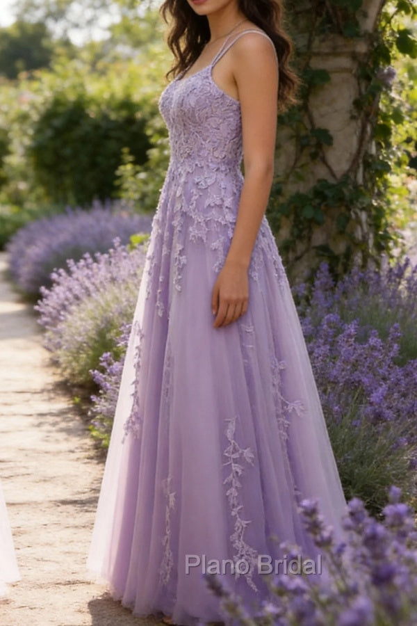 Purple A-Line Spaghetti Straps Long Prom Dress with Appliques