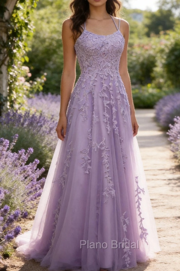 Purple A-Line Spaghetti Straps Long Prom Dress with Appliques